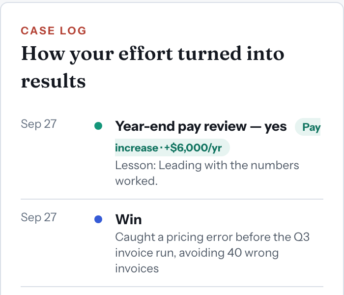 My Case in the app: a recorded pay review and a saved win.