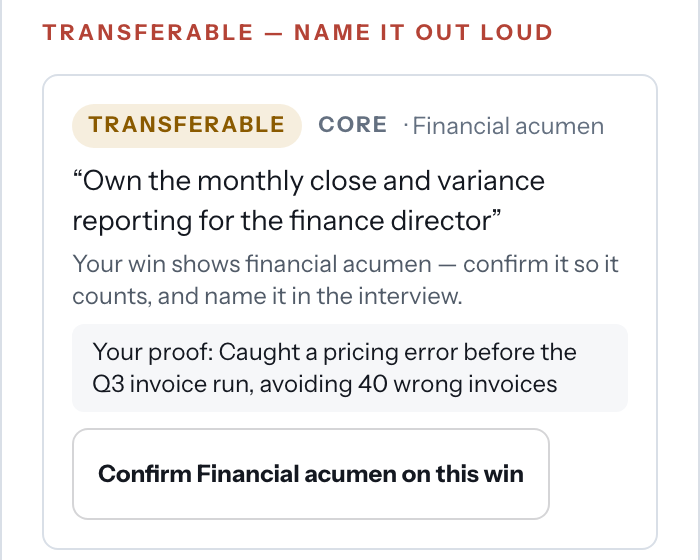 The app matching a requirement to the user's own proof, with a button to confirm the skill.
