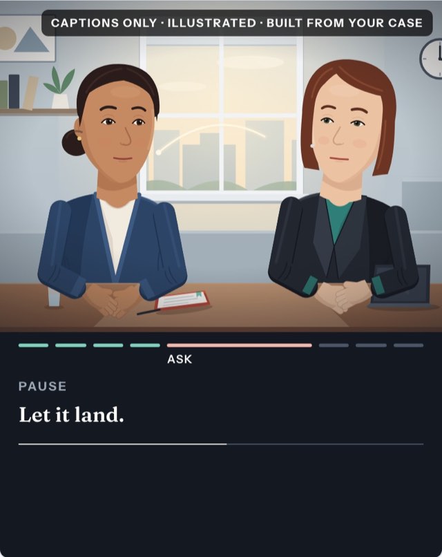 A frame from the sample rehearsal video: two illustrated people at a table in the pause after the ask, with the caption 'Let it land.'
